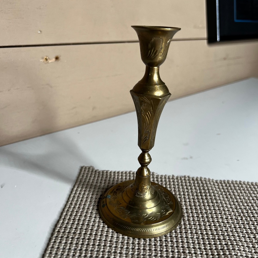 Vintage Etched Brass Candlestick Holder Made in India Floral Design 7 Inch